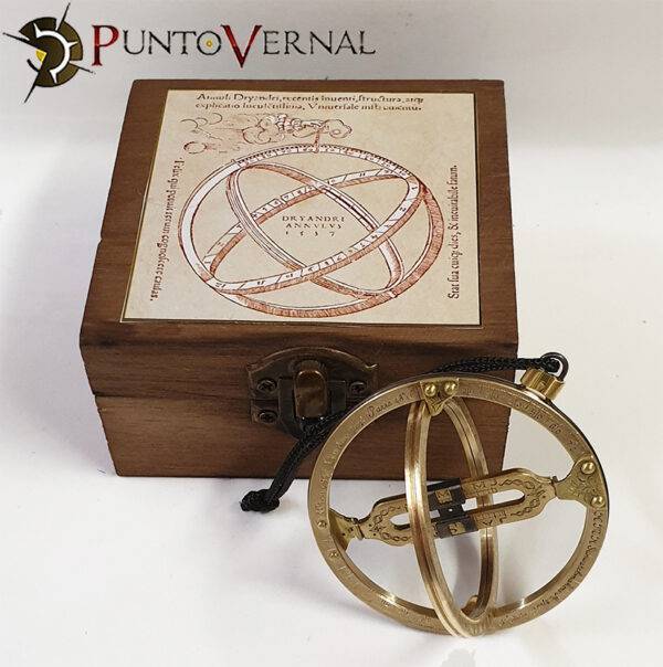 This beautiful universal astronomical ring is made of brass and etched with acid. It is an Equatorial type sundial and is composed of a circle that represents the Earth's equator and a central bar that represents the Earth's axis.